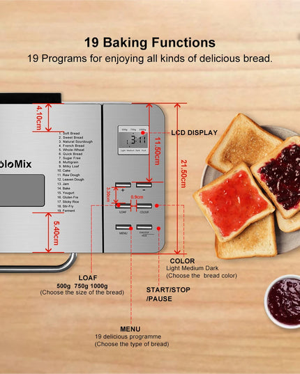 Biolomix Stainless Steel 1KG 19-in-1 Automatic Bread Maker 650W Programmable Bread Machine with 3 Loaf Sizes Fruit Nut Dispenser