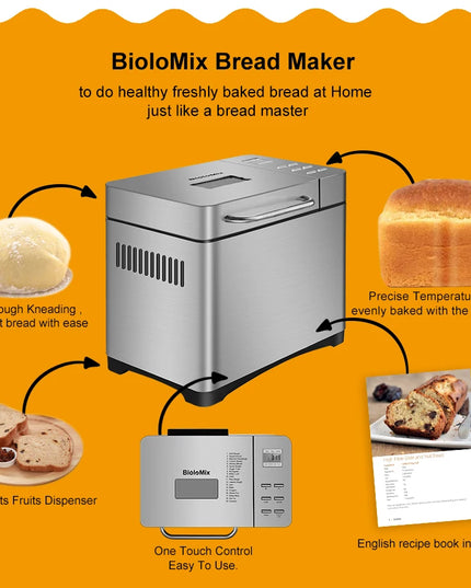Biolomix Stainless Steel 1KG 19-in-1 Automatic Bread Maker 650W Programmable Bread Machine with 3 Loaf Sizes Fruit Nut Dispenser
