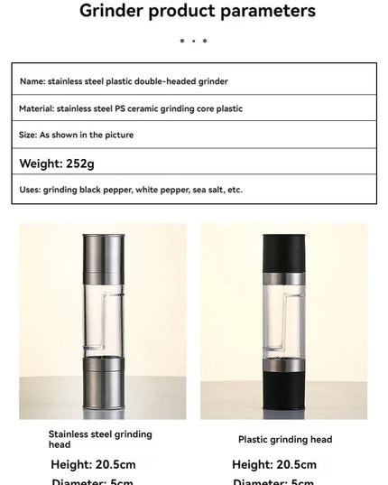 Salt and Pepper Grinder 2 in 1 Manual Stainless Steel Salt Pepper Mills with Adjustable Ceramic Grinding Spice Mill Kitchen Tool