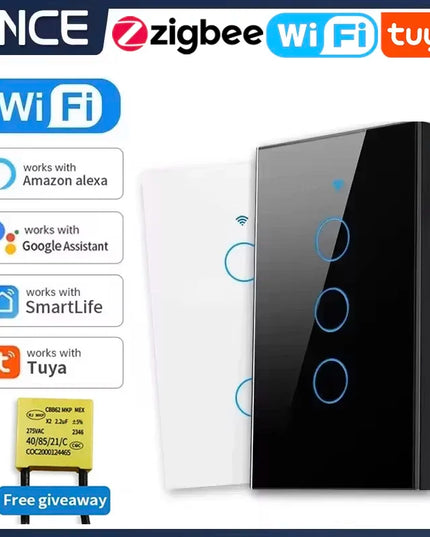 TNCE Tuya US Smart Wall Switch wifi or zigbee 1/2/3/4 Gang Wire Touch Sensor LED Light Button Smart Home voice Alexa Google Home
