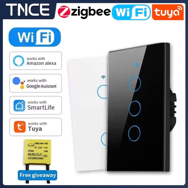 TNCE Tuya US Smart Wall Switch wifi or zigbee 1/2/3/4 Gang Wire Touch Sensor LED Light Button Smart Home voice Alexa Google Home