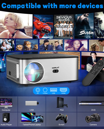 HORLAT 26000Lumens LCD Projector Beamer 8K Support 1080P Native Android Dual Band Wifi 6 Auto Focus Keystone Office Home Theater